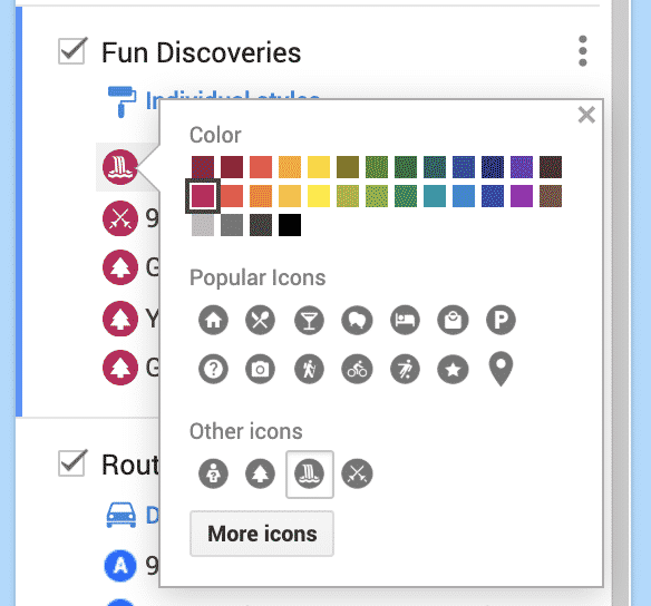 customizing the color and icon on a google road trip map