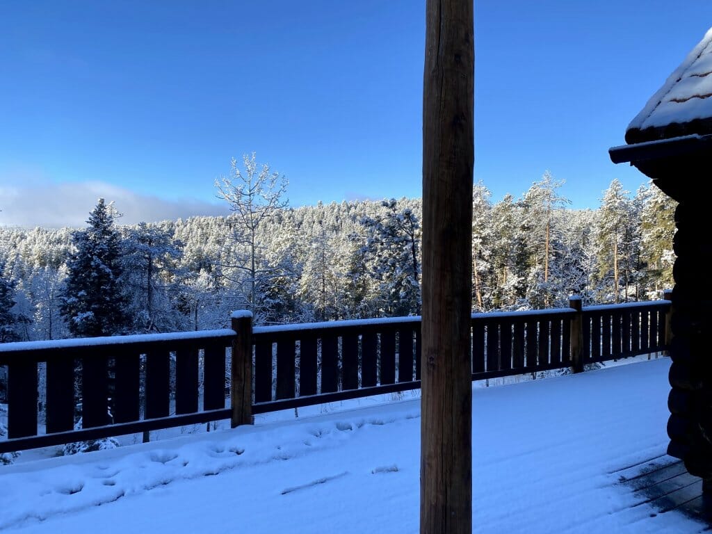 snowy cabin porch overlooking aspens in colorado